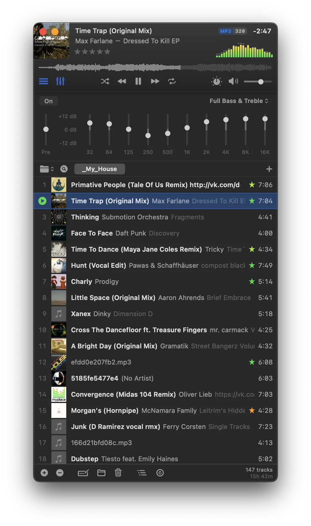 Ionica music player window: playlist, spectrum analyser and 10-band equaliser